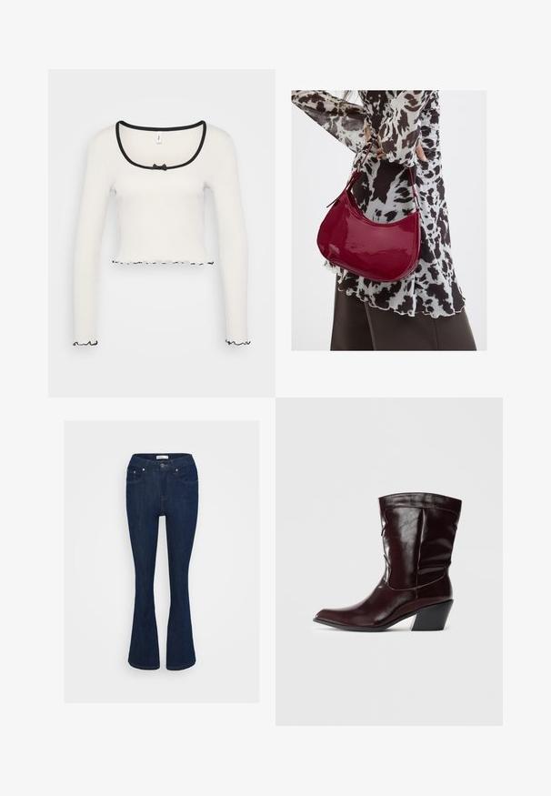 Weißes Langarm-Crop-Top mit weitem, schwarz eingefasstem Rundhalsausschnitt, einer mittigen Schleifendetail und gerüschtem schwarzen Saum an den Ärmeln und dem unteren Rand.; Dunkelblaue Jeans im Bootcut-Stil mit klassischem Fünf-Taschen-Design, metallischem Knopfverschluss und Nähakzenten an den Taschen.; Bordeauxfarbene Leder-Stiefeletten mit spitzem Schnitt, strukturierten Oberflächen und einem schmalen, niedrigen Absatz. Verfügen über dezente Nähte und einen engen Sitz.; Frau trägt eine schwarz-weiß gemusterte Bluse und hält eine glänzende rote Schultertasche vor einem einfarbigen Hintergrund.