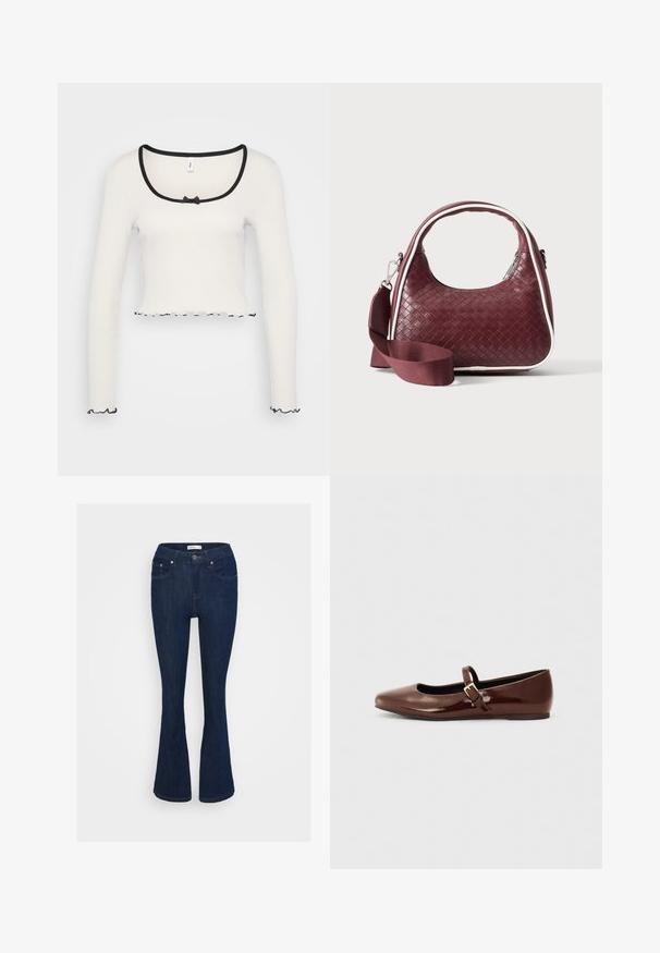 Hvid langærmet crop top med en bred sortkantet rund halsudskæring, en center bånd detalje, og flæser i sort ved ærmerne og kanten.; Mørkeblå denim flared jeans med et klassisk fem-lomme design, metal knaplukning og syninger på lommerne.; Brun patentlæder balletflade med firkantet tå og strop med en lille guldbuckle. Glat tekstur, lav hæl og minimalistisk design.; Mørkerød vævet lædertaske med buet hank, hvid kant, sølv lynlås og aftagelig bred stofskulderrem mod en ensfarvet baggrund.