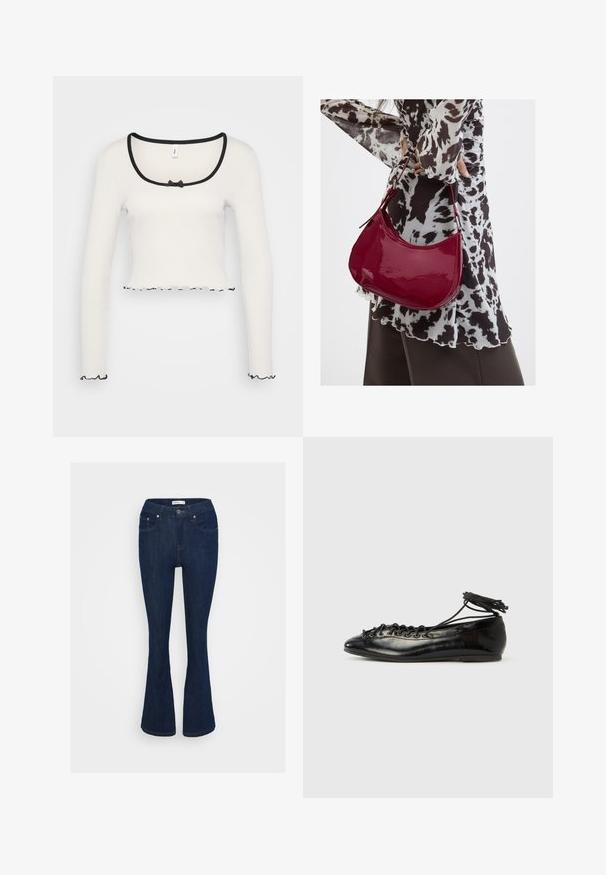 Top corto de manga larga blanco con un amplio escote redondeado ribeteado en negro, un detalle de lazo en el centro y borde negro con volantes en los puños y en el dobladillo.; Pantalones vaqueros acampanados de mezclilla azul oscura con un diseño clásico de cinco bolsillos, cierre de botón metálico y detalles de costura en los bolsillos.; Zapatos planos tipo ballet de charol negro con punta redondeada, diseño con cordones y suela plana. Textura lisa con detalles mínimos.; Mujer con blusa de estampado en blanco y negro sosteniendo un bolso de hombro rojo brillante sobre un fondo liso.