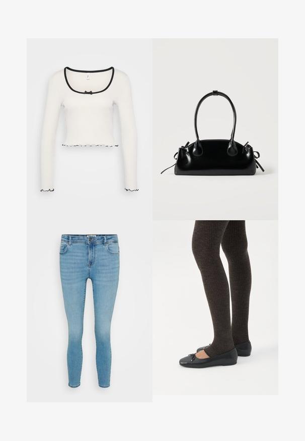 Biely dlhý rukáv crop top s širokým výstrihom obšitou čiernym lemom, strednou mašľou a volánovitým čiernym lemovaním na manžetách a leme.; Svetlomodré elastické džínsy s úzkym strihom, päť vreciek, jemným vyblednutím a zipsom so zapínaním na kovový gombík.; Nohy v tmavých pásikavých legínach v kombinácii s čiernymi balerínkami s malými mašličkami na bielom pozadí.; Malá čierna lesklá kabelka s dvoma dlhými rúčkami a bočnými šnúrkovými detailmi na jednoduchom svetlom pozadí.