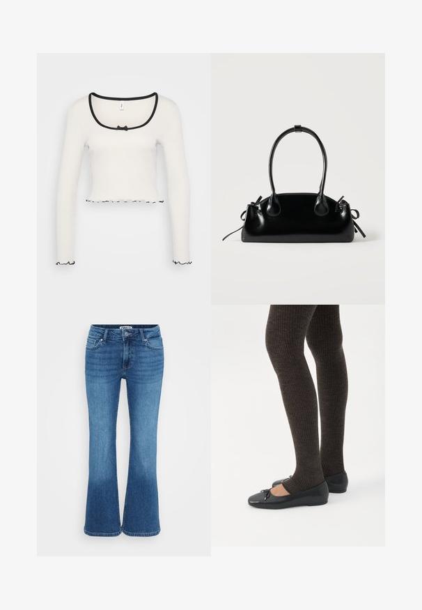 Biely dlhý rukáv crop top s širokým výstrihom obšitou čiernym lemom, strednou mašľou a volánovitým čiernym lemovaním na manžetách a leme.; Modré rozšírené džínsy vyrobené z denimu, s polovičným pásom, dizajnom s piatimi vreckami a mierne vyblednutým povrchom pre ležérny vzhľad.; Nohy v tmavých pásikavých legínach v kombinácii s čiernymi balerínkami s malými mašličkami na bielom pozadí.; Malá čierna lesklá kabelka s dvoma dlhými rúčkami a bočnými šnúrkovými detailmi na jednoduchom svetlom pozadí.
