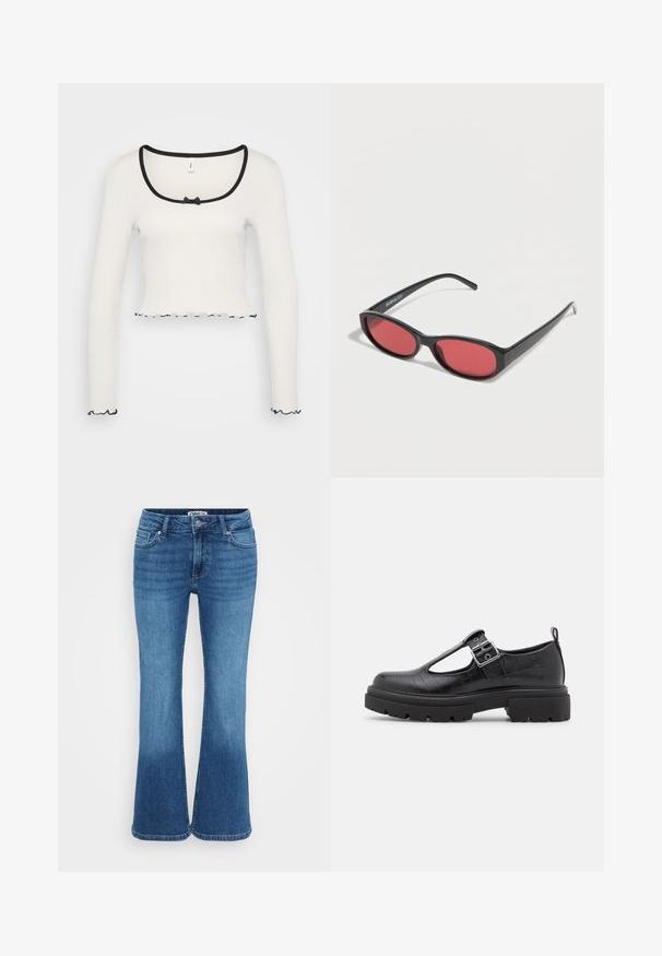 Weißes Langarm-Crop-Top mit weitem, schwarz eingefasstem Rundhalsausschnitt, einer mittigen Schleifendetail und gerüschtem schwarzen Saum an den Ärmeln und dem unteren Rand.; Blaue Schlagjeans aus Denim mit mittelhoher Taille, fünf Taschen und einem leicht verwaschenen Finish für einen lässigen Look.; Schwarzer Kunstleder-Schuh mit Krokodilprägung, runder Zehenpartie, Knöchelriemen mit metallicschnalle und einer robusten Gummisohle.; Schwarze ovale Sonnenbrille mit schlanken Bügeln und rot getönten Gläsern, die auf einer weißen Oberfläche liegt.