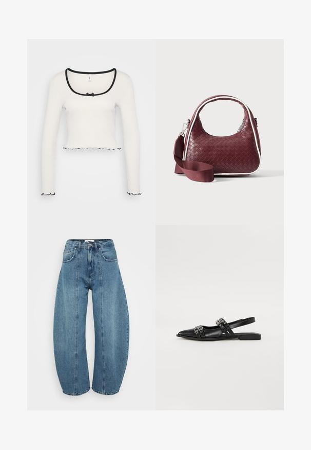 Weißes Langarm-Crop-Top mit weitem, schwarz eingefasstem Rundhalsausschnitt, einer mittigen Schleifendetail und gerüschtem schwarzen Saum an den Ärmeln und dem unteren Rand.; Helle blaue, hoch geschnittene Jeans aus Denim mit weitem Bein, fünf Taschen und Nähdetails. Glatte Textur mit sauberem Finish.; Even&Odd by Zalando Sling-Ballerina - black; Dunkelrote gewebte Ledertasche mit gebogenem Griff, weißem Besatz, silbernem Reißverschluss und abnehmbarem breitem Stoff-Schulterriemen vor einfarbigem Hintergrund.