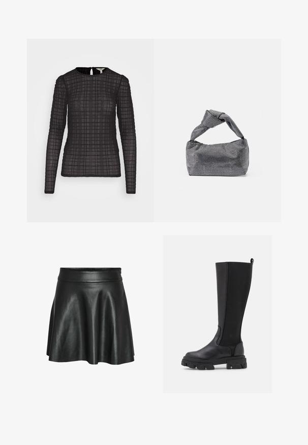 Object OBJCAMILLA WRINKLE - Langarmshirt - black; Schwarzer Rock aus Kunstleder mit ausgestelltem A-Linien-Design, verfügt über eine glatte, glänzende Textur und einen taillierten Bund.; Schwarze kniehohe Stiefel mit einer glatten Lederfront und einem strukturierten Stoffrücken, ausgestattet mit einer kräftigen, genoppten Sohle und einer Zuglasche für ein einfaches Anziehen.; Schwarz-silberne Handtasche mit einer strukturierten Oberfläche, die ein Diamantmuster aufweist, einem geknoteten Griff und einer strukturierten Form.