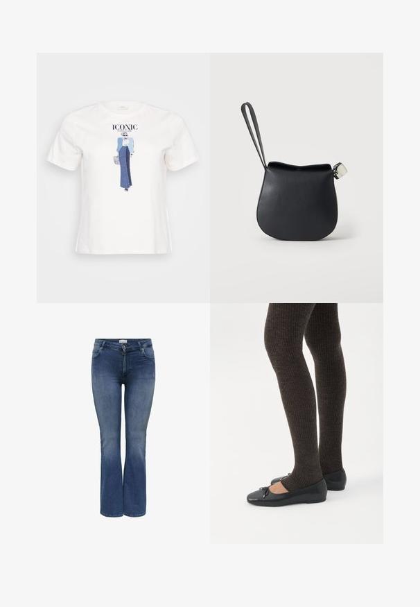 Witte katoenen t-shirt met een grafische illustratie van een vrouw in een blauwe jas en een denimrok, met de tekst "ICONIC" erboven gedrukt.; Denim flare jeans in medium blauw met een gladde textuur, voorzien van zijzakken en een ritssluiting. Subtiele whisker-details.; Benen met donkere geribbelde leggings gecombineerd met zwarte ballerina's met kleine strikdetails op een witte achtergrond.; Zwart leren polstasje met afgeronde bodem en zilveren gesp op een effen witte achtergrond.