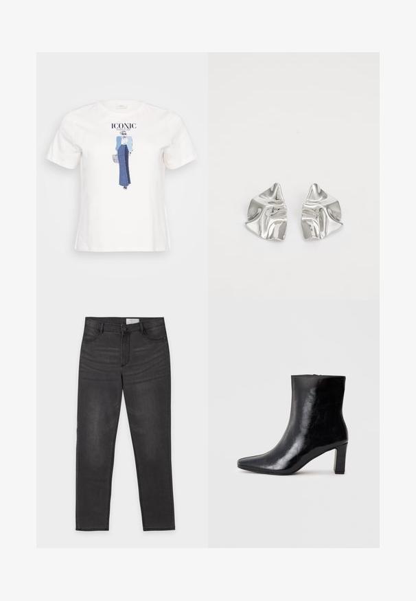 Hvid bomulds t-shirt med en grafisk illustration af en kvinde i en blå jakke og denimskørt, med teksten "ICONIC" trykt ovenfor.; Sort denim med lige ben, knap- og lynlåslukning, for- og baglommer samt diskret falming på lårene, lagt fladt på en hvid baggrund.; Sorte ankelstøvler lavet af blank læder, med spidse tæer og en mellemstor blokhæl, med en glat tekstur og et enkelt design.; Sølvmetal øreringe med et bølgende, skulpturelt design, der har en poleret overflade og uregelmæssige former, hvilket fremhæver en moderne æstetik.
