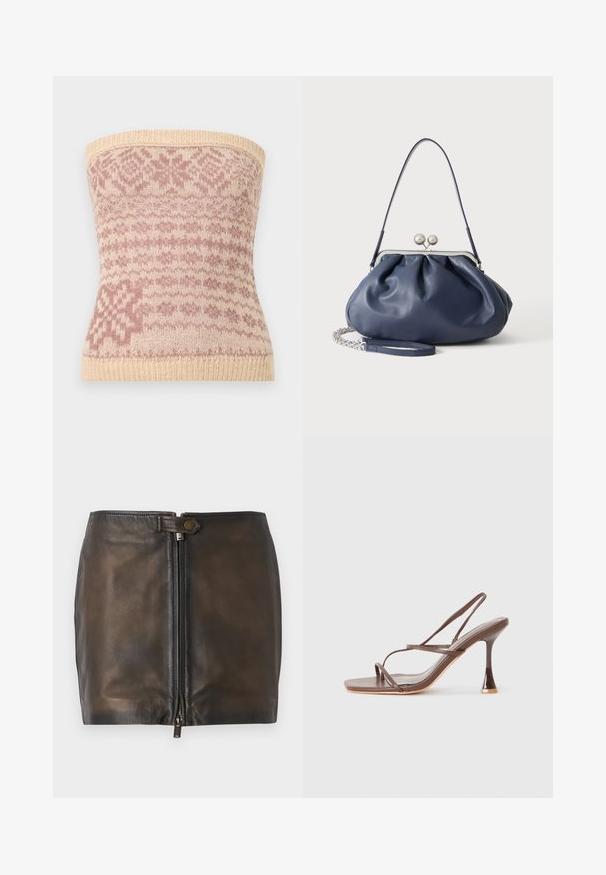 Strikket strapless top i beige med pink geometriske mønstre. Har en ribbet kant og blød tekstur, velegnet til lag-på-lag.; Sort læder mini-skjørt med lukning foran med lynlås, glat overflade og en smal talje. Har et lille metalaccent på taljen.; Brune stroppede højhælede sandaler med firkantet tå, slanke remme, en blank finish og en distinkt buet hæl.; Blød navyblå læderhåndtaske med sølv lukning, enkelt skulderrem og aftagelig kæde til håndleddet på hvid baggrund.