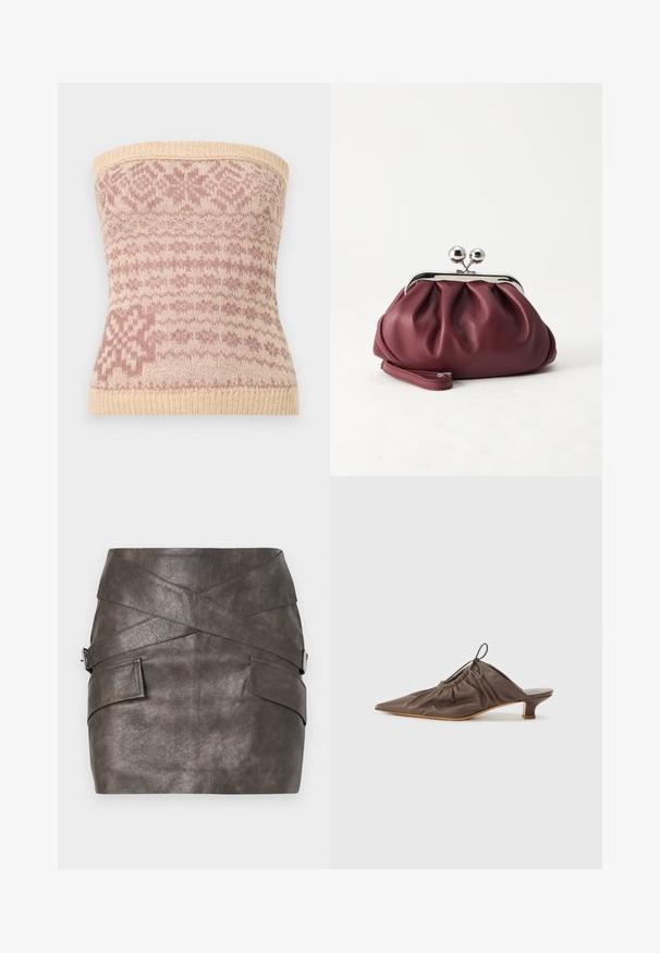 Beige trägerloses Stricktop mit pinken geometrischen Mustern. Verfügt über einen gerippten Saum und eine weiche Textur, eignet sich gut zum Layering.; Dunkelgrauer Kunstleder-Minirock mit asymmetrischem Design, das Überlappungsdetails und Seitentaschen mit metallischen Hardware-Akzenten bietet.; Braune Lederpantolette mit spitzem Zehenbereich, geraffter Textur, kleinem Absatz und einem Zugbandakzent am Eingangsbereich. Glatte Oberfläche.; Kleine burgunderrote Lederclutch mit silbernem Metallverschluss und Handgelenksriemen auf weißem Hintergrund.