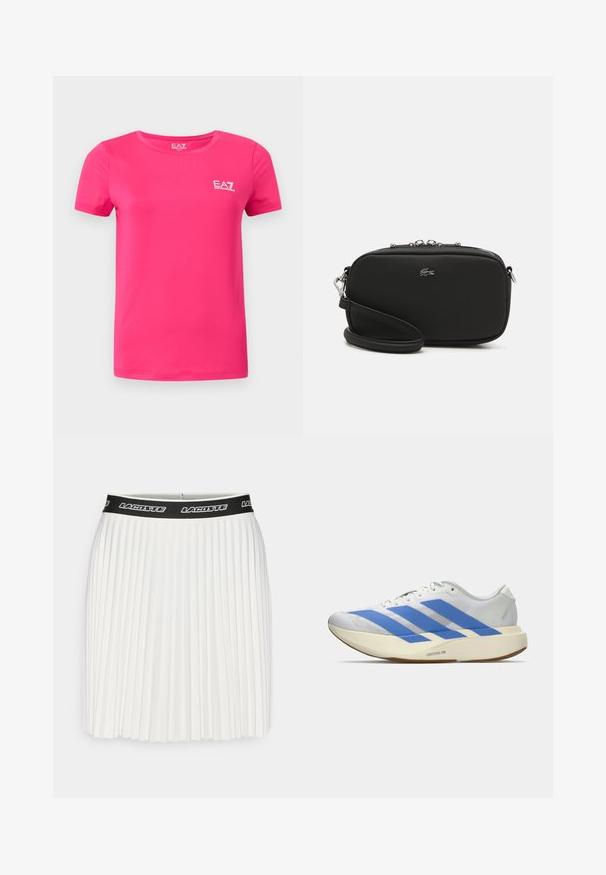 Hellrosa Kurzarm-T-Shirt mit rundem Ausschnitt und kleinem weißen EA7 Emporio Armani Logo auf der oberen linken Brust.; Weißer plissierter Rock mit einem schwarzen elastischen Bund, auf dem das "LACOSTE"-Logo in Weiß zu sehen ist. Glatte Textur und gerade Silhouette.; Weiße Sportschuhe mit blauen Streifen, strukturiertem Obermaterial, flacher Sohle und "LIGHTSTRIKE PRO" Branding an der Seite. Niedrigprofilla Design.; Schwarze rechteckige Umhängetasche mit strukturiertem Obermaterial, silbernen Beschlägen, einem Reißverschluss und verstellbarem Trageriemen. Auf der Vorderseite befindet sich ein Logo-Emblem.