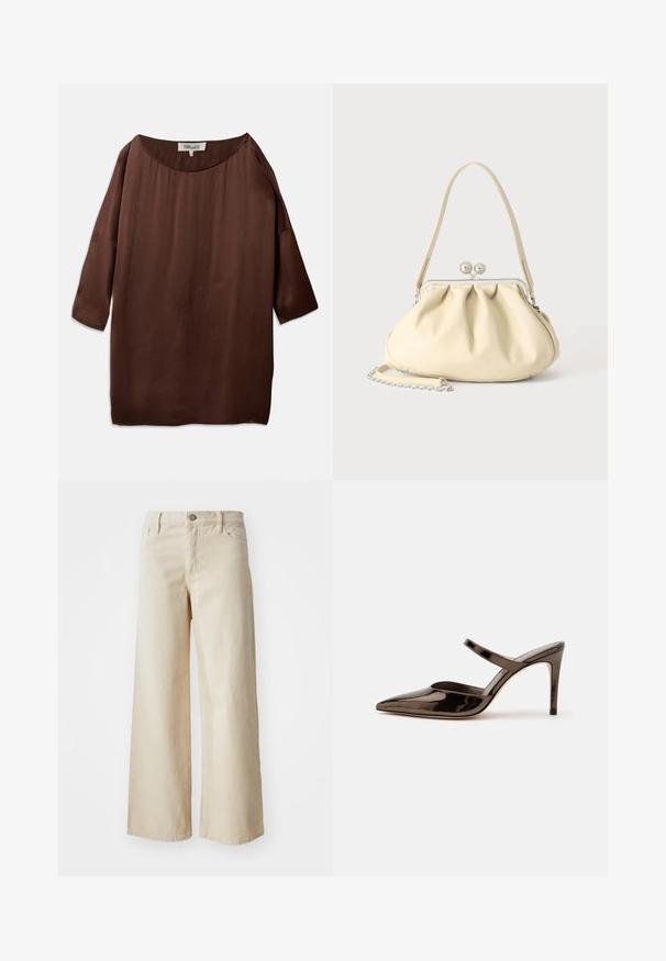 Bruine, los zittende blouse met een brede bootnek en driekwartmouwen, gemaakt van een gladde, gestructureerde stof. De top heeft subtiele kreukels.; Beige wijdvallende jeans van denim, met een hoge taille, knoopsluiting, riemlussen en zijzakken. Gladde textuur en relaxed fit.; G glanzende donkerbruine mule met spitsen neus en hoge hak met een smalle band over de wreef op een effen witte achtergrond.; Crèmekleurige zachte leren handtas met geplooid ontwerp, zilveren frame sluiting, korte handgreep en een afneembare kettingriem.