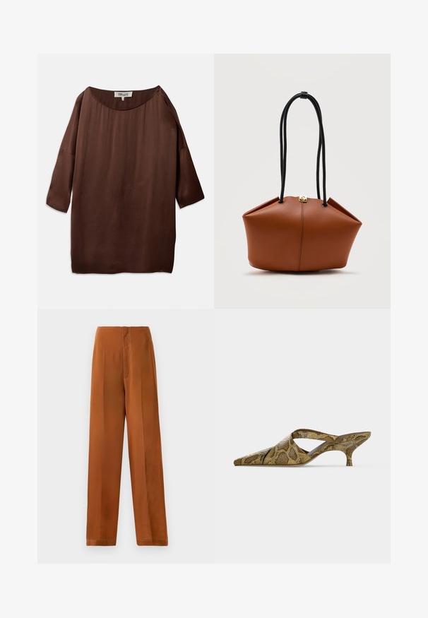 Bruine, los zittende blouse met een brede bootnek en driekwartmouwen, gemaakt van een gladde, gestructureerde stof. De top heeft subtiele kreukels.; Wijde broekspijpen in een warme bruine kleur, met een zachte textuur, hoge taille en contrasterende witte stiksels langs de naden.; Muleschoen met puntige neus en lage kittenhiel, met bruin en beige slangenprintleer en een open zijkantbandontwerp.; Bruine leren handtas met een gestructureerde, hoekige vorm en lange, dunne zwarte handvatten, tegen een effen lichte achtergrond.