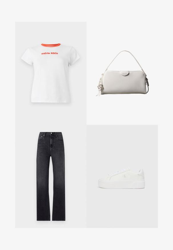 Hvid bomulds t-shirt med en rød krave og trykt logotekst i fed rød. Kortærmet og med standard pasform.; Sorte lige jeans lavet af denim, med høj talje, fem lommer og en lynlås i front med knaplukning. Let slidte vaske.; Hvide platform sneakers med en glat læderoverdel, rund tå, hvide snørebånd og diskret logo-detalje på siden. Flad gummisål.; Hvid rektangulær Calvin Klein håndtaske med enkelt håndtag, minimalistisk design og dekorative kvaster med geometrisk metalvedhæng på siden.
