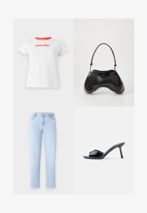Hvid bomulds t-shirt med en rød krave og trykt logotekst i fed rød. Kortærmet og med standard pasform.; Lyseblå lige ben jeans lavet af denim, med en standard talje, fem lommer og subtile sømdetaljer.; Sorte laklæder sandaletter med åben tå, der har et buet overdesign og en spids stilethæl. Glat, blank finish.; Sort patentlæder håndtaske med en unik buet form, kort justerbar hank og en lynlåslukning i toppen. Glat tekstur med diskret branding.