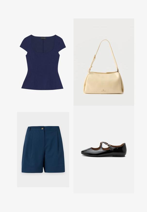 Haut ajusté bleu marine à manches courtes avec décolleté en arrondi et coutures délicates, étiqueté Anna Field.; Shorts bleu marine sur mesure avec plis avant, passants pour ceinture et fermeture à bouton doré à la taille.; Chaussure plate Mary Jane en cuir verni noir avec deux découpes et une bride à boucle dorée sur fond blanc.; Sac bandoulière rectangulaire beige avec sangle réglable et fermeture éclair, comportant un petit logo "Anna Field" au centre avant.