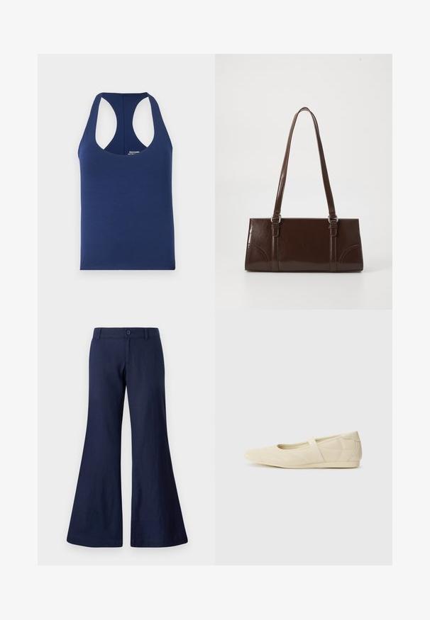 Top sin mangas de color azul marino, fabricado en suave algodón. Cuenta con un escote redondo y sisas amplias. Diseño simple y ajustado, sin patrones.; Pantalones acampanados azul marino hechos de algodón, con cierre de botón, presillas para cinturón y una textura suave con aberturas de pierna anchas.; Bailarinas beige con un exterior de cuero liso, punta en forma de almendra y una correa elástica en el empeine, con detalles de costura sutiles.; Bolso de mano de piel sintética marrón con forma rectangular, dos asas largas y sutiles acentos curvados en la parte delantera.