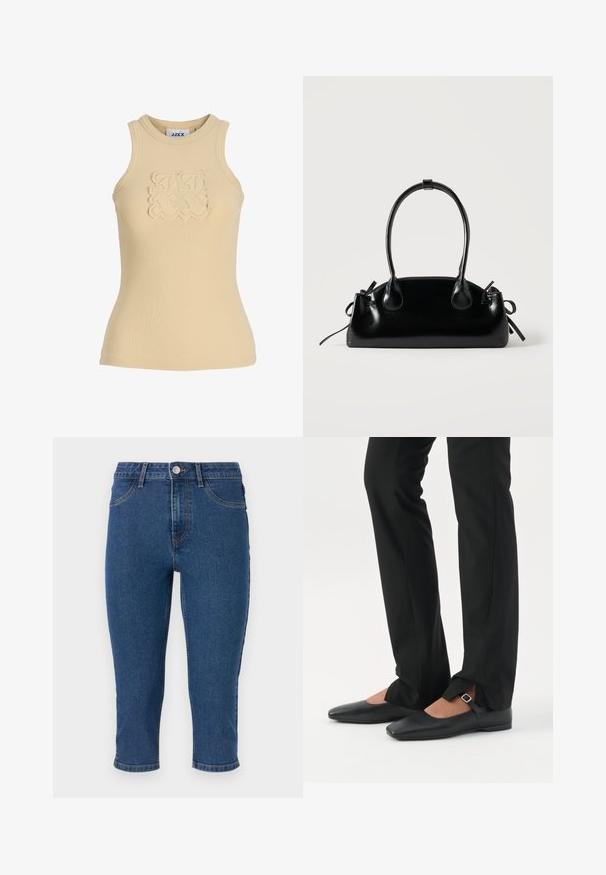 Beige ribbet ærmeløs top med hævet, sammenflettet dekorativt mønster på brystet og rund halsudskæring.; Mørkeblå denim capri bukser med høj talje, fem lommer og kontrastsytrådet. Har en enkelt metalknap og let indsnævring ved kanten.; Ben iført sorte smalle bukser med forreste slidser ved kanten, parret med sorte flade Mary Jane-sko med lille spænde.; Lille sort blank håndtaske med to lange håndtag og snøre-detaljer i siden på en ensfarvet lys baggrund.