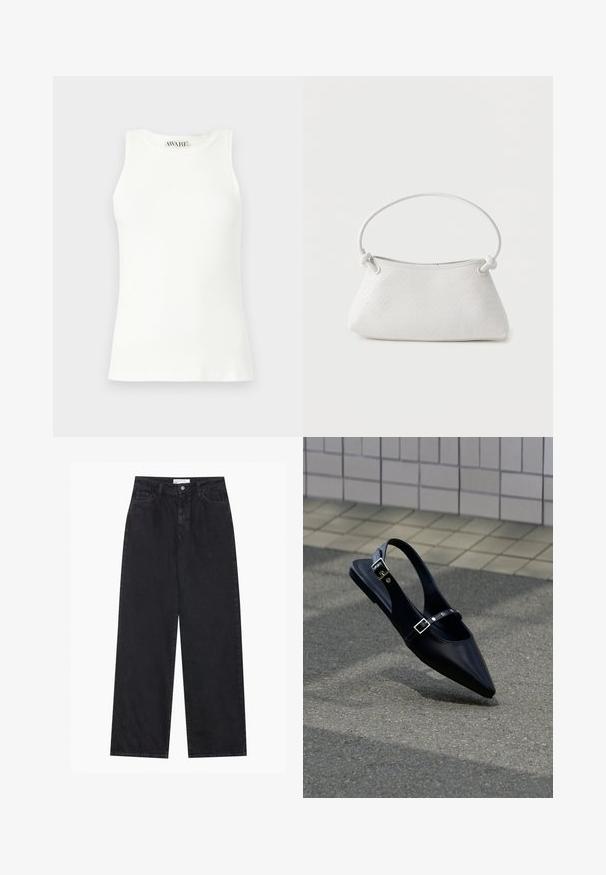 Ärmelloses weißes geripptes Tanktop mit rundem Ausschnitt und körpernahem Schnitt. Glatte Textur und dezentes Markenlabel am Kragen.; Schwarze hoch geschnittene, weit geschnittene Jeans aus Denim mit Vorderknopf- und Reißverschluss, Gürtelschlaufen und fünf Taschen.; Schwarzer Slingback-Flachschuh mit spitz zulaufender Spitze und doppelten Schnallenriemen, ruhend auf grauem Asphalt nahe einer gefliesten Wand.; Weiße gewebte Lederhandtasche mit abgerundetem Griff und verknoteten Riemenenden, vor schlichtem Hintergrund präsentiert.