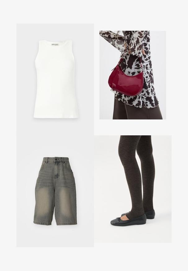 Ærmeløs hvid ribbet tanktop med en rund halsudskæring og en tætsiddende form. Glat tekstur og diskret mærke på kraven.; Jaded London LIGHT WASH JUMBO JORTS - Denimshorts - light wash; Ben iført mørke ribbede leggings kombineret med sorte balletsko med små sløjfedetaljer på hvid baggrund.; Kvinde iført en sort- og hvidmønstret bluse, der holder en blank rød skuldertaske mod en ensfarvet baggrund.