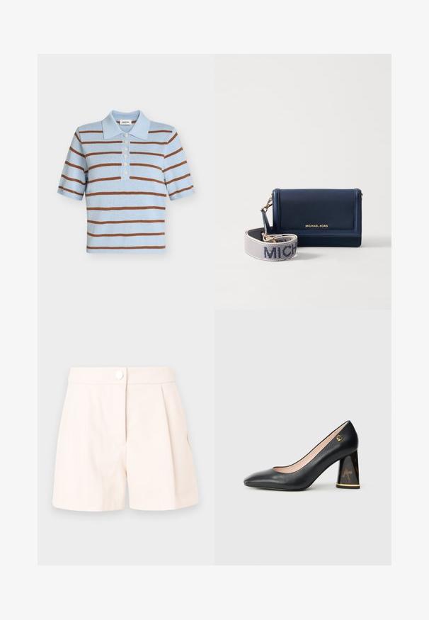 Hellblaues gestricktes Poloshirt mit braunen horizontalen Streifen, kurzen Ärmeln, Kragen und sechs weißen Knöpfen auf der vorderen Knopfleiste.; Beige Falten-Shorts aus leichtem Stoff, mit Knopfverschluss und klaren, maßgeschneiderten Linien. Glatte Textur und minimales Design.; Schwarzer Leder-Pumps mit spitzer Zehenpartie, Blockabsatz mit Schildpattmuster und goldener Zierleiste sowie kleinem goldenen Logo nahe der Ferse.; Navy Leder-Geldbörse mit goldfarbenem Logo, ausgestattet mit einem abnehmbaren Tragegurt mit "MICHAEL" in weißem Text auf einem strukturierten Hintergrund. Kompaktes Design.