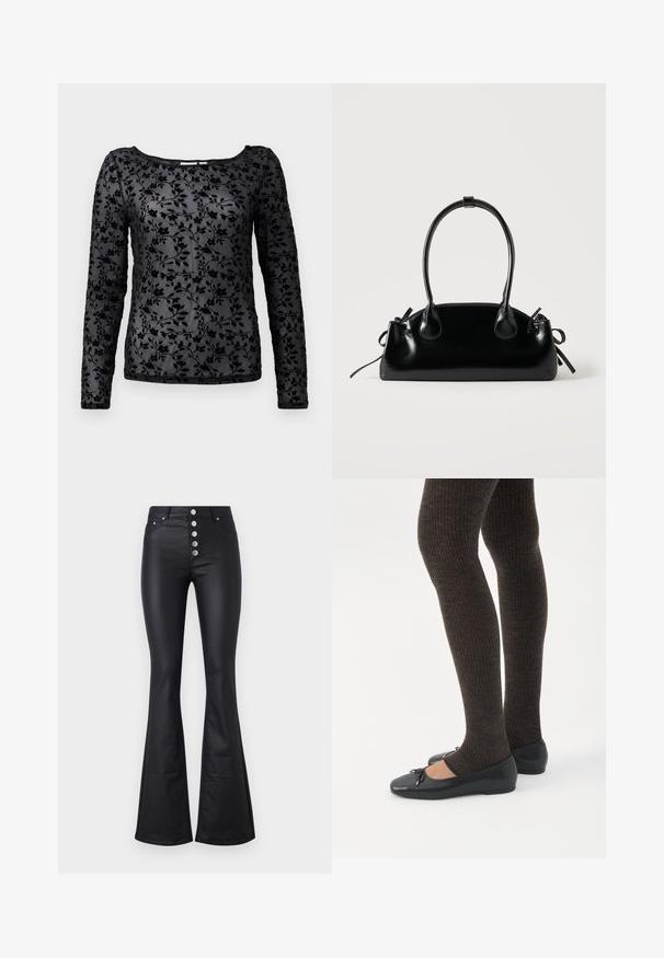Haut noir à manches longues avec un doux motif floral en velours, présentant un col rond et un tissu transparent.; Pantalons noirs évasés en matériau lisse et extensible avec une taille haute et cinq boutons métalliques à l'avant. Comprend deux poches latérales.; Jambes portant des leggings côtelés foncés associés à des ballerines noires avec de petits détails en nœud sur fond blanc.; Petit sac à main noir brillant avec deux longues anses et des détails à cordon sur les côtés sur un fond clair uni.