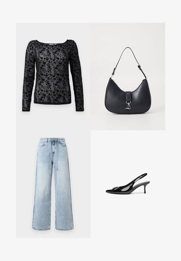 Langärmliges schwarzes Oberteil mit einem weichen blumigen Samtmuster, rundem Ausschnitt und durchsichtigem Stoff.; Hellblaue, weit geschnittene Jeans aus Denim mit hoher Taille, Kordelzugverschluss und fünf Taschen, mit minimaler Ausbleichung.; Schwarze patentierte Slingback-Absätze mit spitzem Zehenbereich und glänzender Oberfläche. Besitzt einen schlanken Absatz und eine abgerundete Akzentuierung am Schuhoberteil.; Pieces PCLIKA SHOULDER BAG - Handtasche - black