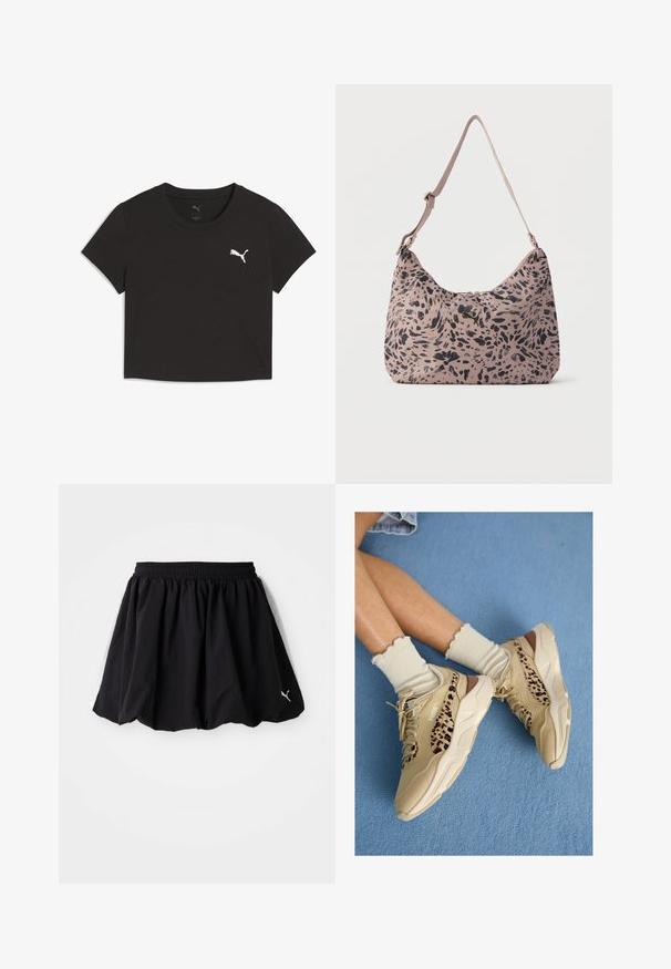 Camiseta negra corta de algodón, con un cuello redondo y mangas cortas. Logo blanco de Puma impreso en la parte izquierda del pecho.; Falda deportiva negra con una cinturilla elástica, que presenta paneles laterales blancos y un pequeño logo en el dobladillo. Fabricada con tela ligera.; Piernas cruzadas con zapatillas Puma beige con rayas de estampado de leopardo y calcetines crema con volantes sobre una alfombra azul.; Bolso de hombro rosa claro con patrón de manchas negras abstractas y correa ajustable, con un pequeño logo de Puma dorado en el centro delantero.