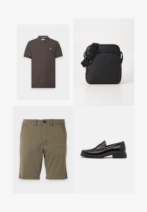 Polo à manches courtes marron foncé avec trois boutons et petit logo d’oiseau blanc sur la poitrine gauche.; Shorts vert olive en tissu mélangé coton, avec une fermeture à bouton, des poches avant et un bas ourlé avec des détails de couture subtils.; Mocassins en cuir noir avec un embout arrondi, présentant un détail cousu sur le dessus, et un petit talon carré. Texture lisse et finition brillante.; Sac bandoulière en cuir noir avec une surface texturée, doté d'une poche zippée à l'avant, d'une bandoulière ajustable et d'accents en métal.