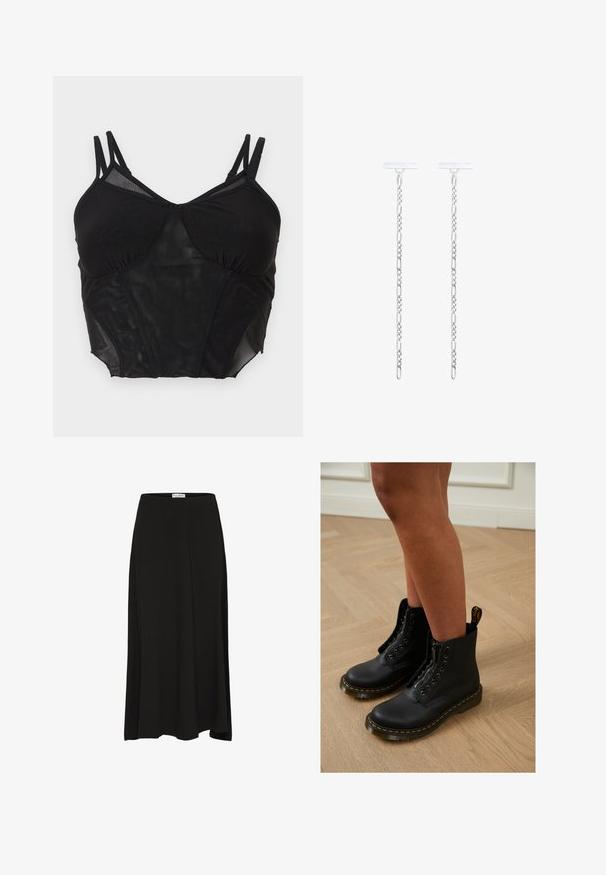 Sort net cropped camisole med dobbelte justerbare skulderstropper og strukturerede buste-paneler.; Sort, knælang nederdel lavet af blødt stof med en glat tekstur, der har en elastisk talje og en flydende silhuet.; Sorte læder ankelstøvler med lynlås og snøredesign, der har gule stikninger og en tyk, struktureret sål.; Sølv kædeøreringe med en rektangulær top og et forlænget, sammenkædede design. Overfladen er glat og poleret, hvilket reflekterer lyset.