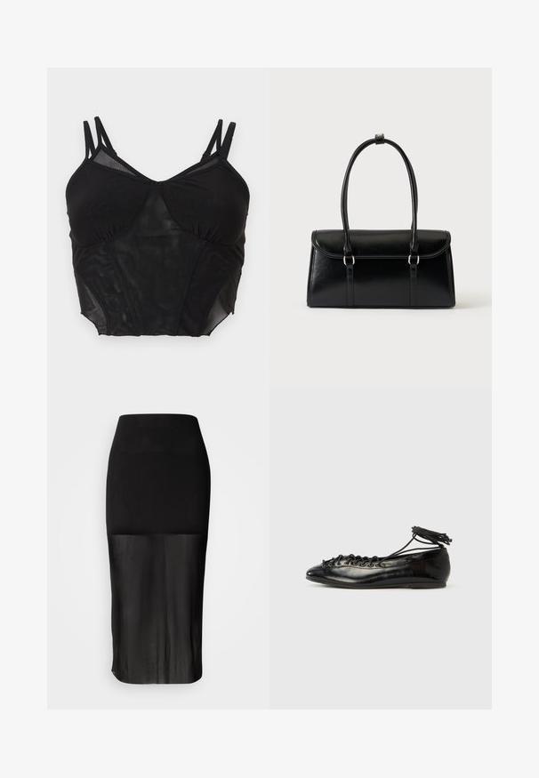 Sort net cropped camisole med dobbelte justerbare skulderstropper og strukturerede buste-paneler.; Sort midi-nederdel med en tætsiddende talje, der har et gennemsigtigt underpanel. Glat tekstur med en elegant silhuet og uden synlige mønstre.; Sorte balletflade sko i laklæder med rundet tå, snørelukning og flad sål. Glat tekstur med få detaljer.; Sort rektangulær læderhåndtaske med klaplukning og to lange håndtag mod en ensfarvet hvid baggrund.