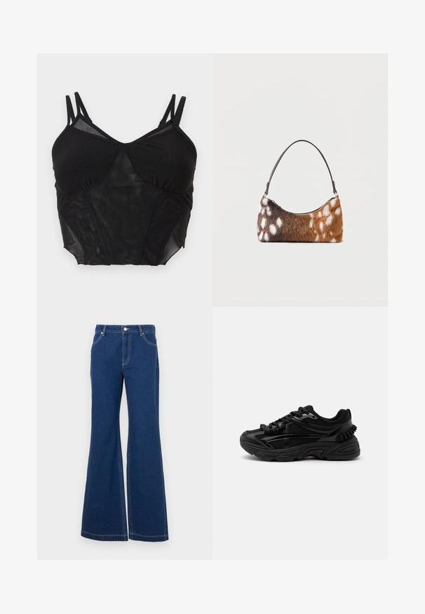 Sort net cropped camisole med dobbelte justerbare skulderstropper og strukturerede buste-paneler.; Mørkeblå sænkede jeans lavet af denim. Funktioner inkluderer bæltesløjfer, forreste lommer og kontraststing. Bred benåbning.; Sort atletik-sneaker med mesh og blanke detaljer, tyk polstret sål og snørelukning set fra siden på hvid baggrund.; Skuldertaske med brun og hvid pletmønstret imiteret pels og en tynd sort rem, vist på en hvid baggrund.