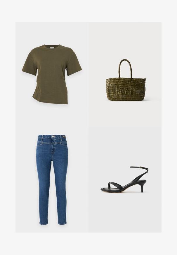 CLOSED DRAPED - T-shirts basic - forest green; Slank jeans i mørkeblå denim med fem lommer, knaplukning og kontrastsyninger. Glat tekstur med minimal falmning.; Sort damesandal i læder med tynde remme, en tå-loop, ankelspænde og en mellemhøj stiletthæl på en neutral baggrund.; Olivengrøn vævet tote-taske med to afrundede håndtag mod en ensartet lys baggrund.