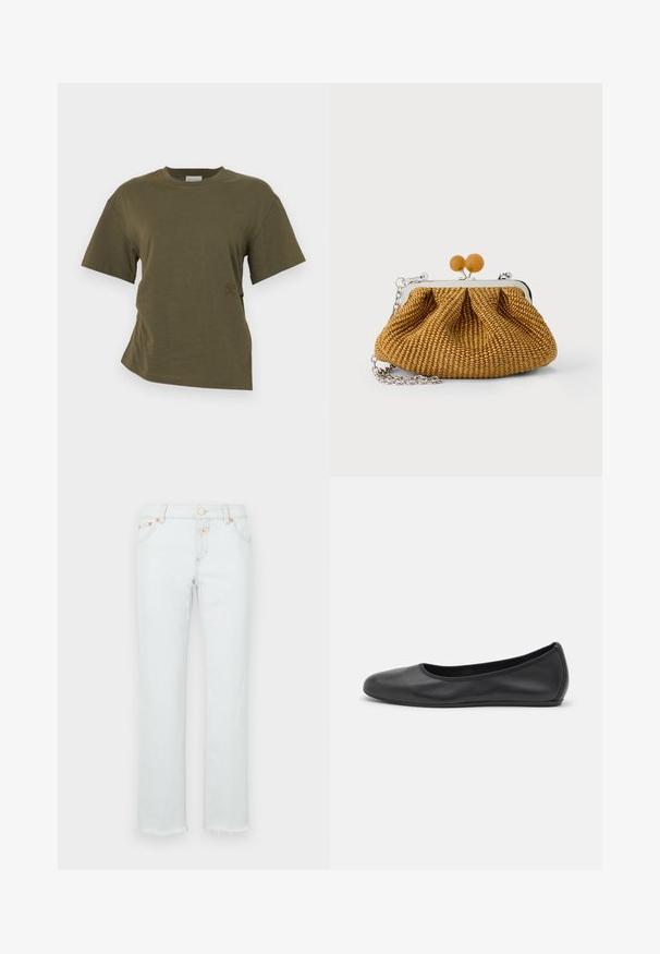 CLOSED DRAPED - T-shirts basic - forest green; Lyse denimbukser med lige ben, der har en frynset kant, kobberhardware og en fem-lomme design.; Sort læderballetsko med rund tå, glat tekstur, minimal syning og et fleksibelt såldesign.; Lille brun flettet clutch-pung med sølvmetalramme, to runde trælåse og en kort sølvkæderem på en hvid baggrund.