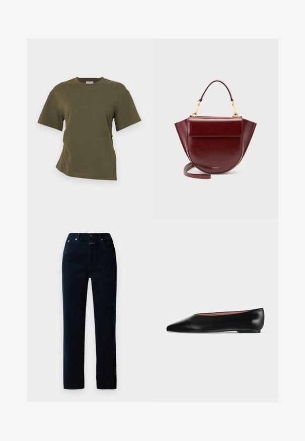 CLOSED DRAPED - T-shirts basic - forest green; Marinblå kordfløjlsbukser med lige ben, der har frontlommer, lynlåsgylpter og metalknapdetaljer på taljen.; Sort damesko i læder med flad hæl og spids tå, vist fra siden på en ensfarvet lys grå baggrund.; Mørkerød lædertaske med topgreb, guldfarvet hardware, klaplomme foran og lang rem, sat mod en ensartet lys baggrund.