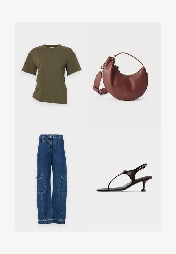 CLOSED DRAPED - T-shirt basic - forest green; Blauwe denim cargo broek met een hoge taille, wijde pijpen, twee grote zijzakken en traditionele klinknagel- en stikdetails.; Donkerbruine lakleren slingbacksandaal met kittenheel en teenbandje op witte achtergrond.; Bruine leren handtas in halve maanvorm met gouden ritssluiting en verstelbare schouderriem op een witte achtergrond.