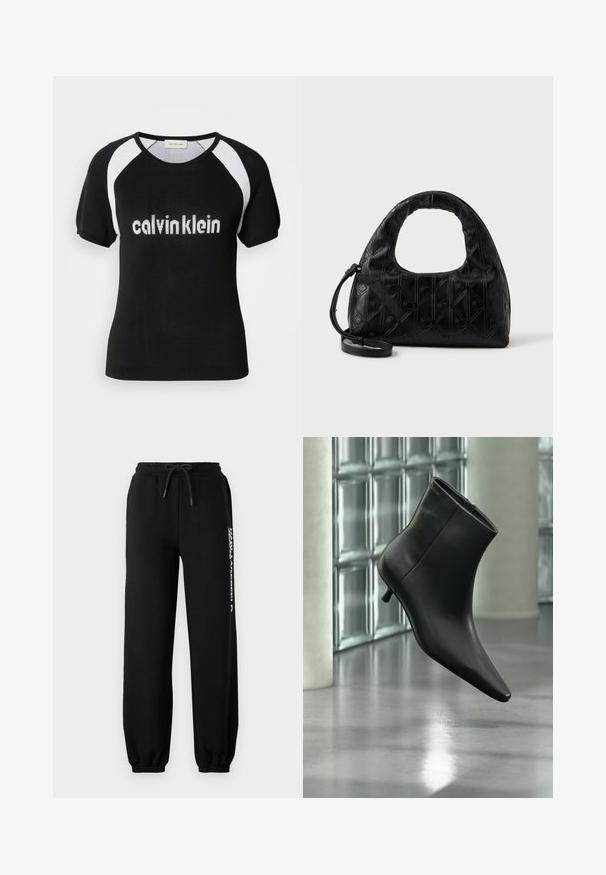 Must värviline lühikeste varrukatega kudum, millel on valged raglanvarrukad. Rinnal on valge "calvinklein" tekst. Ümmargune kaelus. Pehme tekstuur.; Mustad mustad pant, millel on elastne vöökoht, reguleeritav nöör ja kitsad lõpposad. Vasakul küljel on valge logo.; Mustast nahast pahkluu saabas terava varbaotsaga ja madala Kitsuki kontsaga, kuvatud nurga alt läikiva põranda ja klaasplokkseinaga taustal.; Mustmust mustkott mustaga kaarjas ülemise käepidemega, peene rubiini mustriga ja eemaldatava rihmaga. Tekstuur on sile, koos muljetavaldavate detailidega.