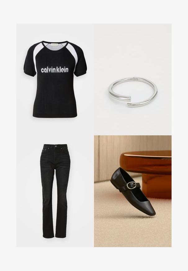 Čierny pletený top s krátkymi rukávmi a bielymi raglánovými rukávmi. Má biely nápis "calvinklein" na hrudi. Okrúhly výstrih. Mäkká textúra.; Čierne vysoké rifle s rovnými nohavicami, vyrobené z denimu. Obsahujú klasický strih s piatimi vreckami a strieborným gombíkom na zapínanie.; Čierna kožená balerína Mary Jane s plochou podrážkou a striebornou prackou, zobrazená na béžovom koberci vedľa hnedej okrúhlej podnože stola.; Calvin Klein SPIRAL - Náramok - silver-coloured