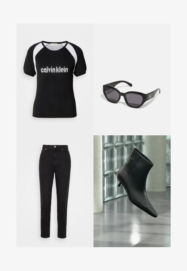 Čierny pletený top s krátkymi rukávmi a bielymi raglánovými rukávmi. Má biely nápis "calvinklein" na hrudi. Okrúhly výstrih. Mäkká textúra.; Čierne vysoké slim-fit džínsy so zapínaním na gombík vpredu, pútkami na opasok a dizajnom s piatimi vreckami na bielom pozadí.; Čierna kožená členková čižma so špicatou špičkou a nízkym kitten podpätkom, zobrazená šikmo na pozadí leštenej podlahy a steny zo sklenených blokov.; Čierne slnečné okuliare so štýlovým, uhlyzovaným dizajnom, tmavými sklami a kontrastným strieborným logom po stranách. Hladká plastová textura.