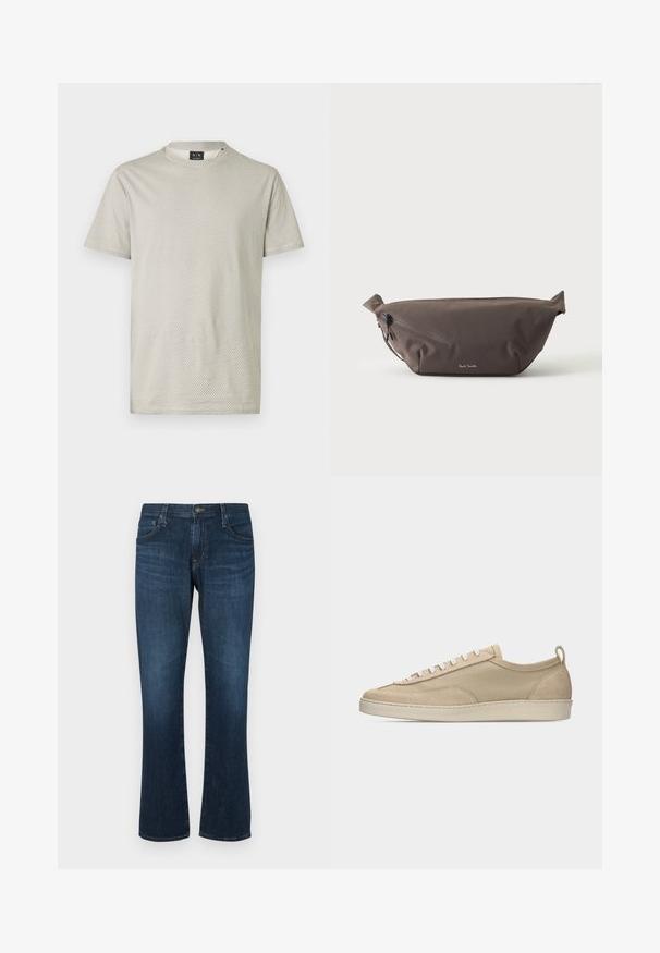 Camiseta de manga corta color gris claro con textura de panal y cuello redondo. Etiqueta visible en el cuello.; Jeans de mezclilla azul oscuro con un diseño de pierna recta, cinco bolsillos y cierre de botón metálico. Textura suave con un ligero desvanecimiento.; Zapatilla baja beige con parte superior de tela y ante, cordones blancos, suela de goma y lengüeta en el talón, mostrada de perfil sobre fondo blanco.; Riñonera de tela marrón oscuro con bolsillo diagonal con cremallera y pequeño logo blanco en el frontal, sobre un fondo liso y claro.