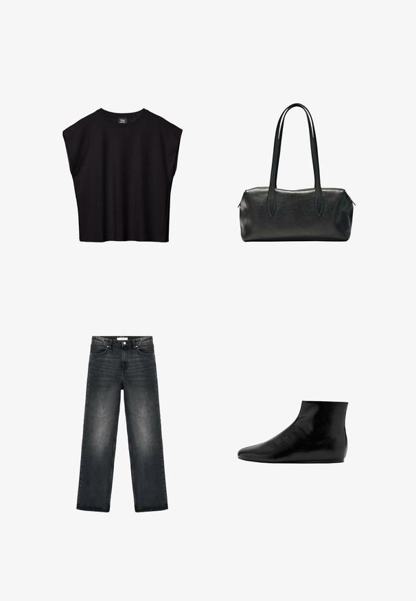 Schwarzes ärmelloses Oberteil mit breiten Schultern und rundem Ausschnitt, mit dem Etikett B6 von Ambienteurs, auf weißem Hintergrund präsentiert.; Schwarze Jeans aus Denim mit lockerer Passform, geraden Beinen und leichter Ausbleichung. Verfügt über einen Knopfverschluss und ein fünf Taschen-Design für Funktionalität.; Schwarze Leder-Stiefelette mit glatter Oberfläche, flacher Sohle, runder Spitze und minimalistischen Design.; Schwarze rechteckige Lederhandtasche mit zwei langen Schulterriemen und einem Reißverschluss an der Oberseite.