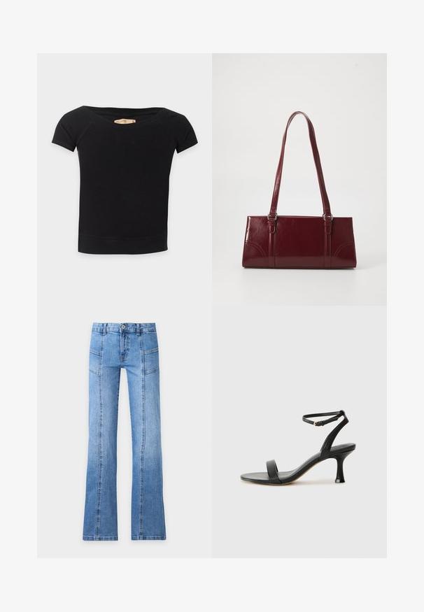 Top noir ajusté à manches courtes avec large encolure dégagée sur les épaules et une étiquette Hollister à l'intérieur du col.; Jean en denim bleu clair avec taille haute, bouton devant, fermeture éclair, détails de coutures et jambes légèrement évasées sur un fond uni.; Sandale à talon en cuir noir avec une sangle de cheville, présentant un design élégant, un bout ouvert et un talon effilé pour une silhouette épurée.; Sac à main bordeaux en matériau brillant, de forme rectangulaire, avec deux anses et des accents légèrement courbés à l'avant.