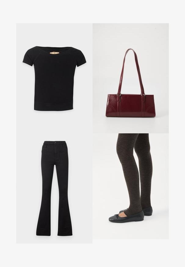 Top noir ajusté à manches courtes avec large encolure dégagée sur les épaules et une étiquette Hollister à l'intérieur du col.; Jean noir évasé en denim avec une texture lisse. Détail remarquable : petits clous sur le devant. Fermeture par bouton à la taille.; Jambes portant des leggings côtelés foncés associés à des ballerines noires avec de petits détails en nœud sur fond blanc.; Sac à main bordeaux en matériau brillant, de forme rectangulaire, avec deux anses et des accents légèrement courbés à l'avant.