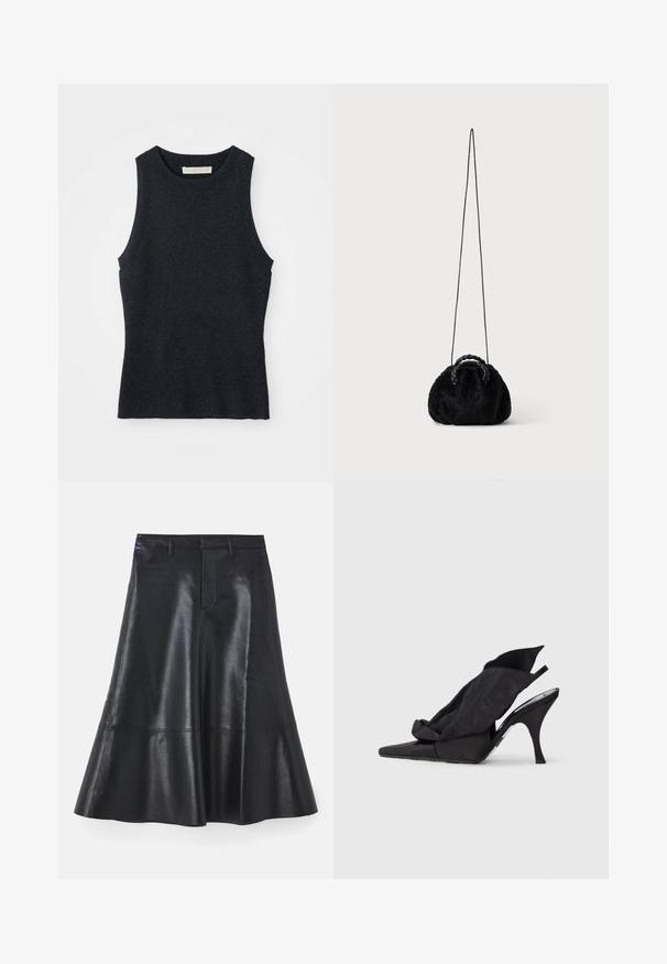 Mouwloze donkergrijze gebreide tanktop met ronde hals, plat gelegd op een witte achtergrond.; Zwarte leren rok met een uitlopende ontwerp, middenlengte, met een gladde textuur en discrete stikdetails langs de zoom.; Zwarte slingback hoge hakken met een puntige neus, voorzien van een gedrapeerde bovenkant van textiel en een strikaccent op het voorpaneel.; Kleine zwarte handtas van namaakbont met gevlochten bovenhandvatten en lange dunne schouderriem op een effen achtergrond.