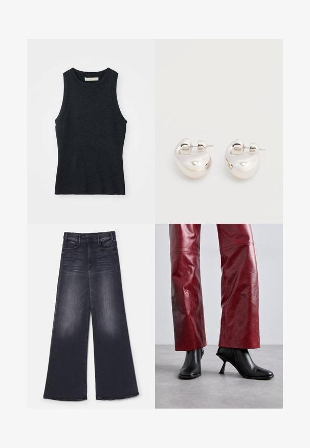 Ärmelloses, dunkelgraues Strick-Tanktop mit Rundhalsausschnitt, auf weißem Hintergrund flach ausgelegt.; Mother THE HUSTLER ROLLER SNEAK - Wide Leg - not today satan; Schwarze Absatzstiefeletten mit spitzem Zehen und kantigem Design, kombiniert mit hochgeschnittenen roten Lederhosen, die ein dezentes Muster aufweisen.; Paar glänzende silberne dicke Creolen mit Stecker-Verschlüssen auf weißem Hintergrund.