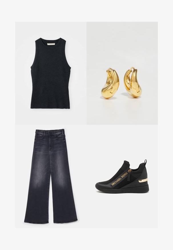 Udenærmet, mørkegrå strikket tanktop med rund hals, lagt fladt på hvid baggrund.; Mother THE HUSTLER ROLLER SNEAK - Wide leg - not today satan; Sorte atletiske sneakers med mesh-paneler, gulllogo-detaljer, slip-on design og en kilehæl for ekstra højde. Gummisål.; Guldringeøreringe med en glat, buet form og poleret overflade. Udstyret med en lukkeanordning og lette fordybninger for detaljer.