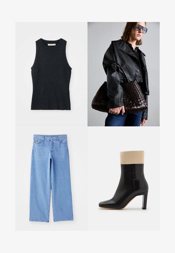 Débardeur en tricot gris foncé sans manches avec col rond, posé à plat sur un fond blanc.; Jean large bleu clair en denim, avec un design classique à cinq poches et une fermeture à bouton. Texture lisse, ourlet effiloché.; Botte chelsea noire en cuir avec un accent crème en haut, bout pointu et un talon haut avec des accents argentés. Texture lisse sans motifs visibles.; DRAGON DIFFUSION SANTA CROCE BIG - Sac à main - dark brown