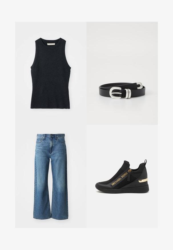Udenærmet, mørkegrå strikket tanktop med rund hals, lagt fladt på hvid baggrund.; Bredde ben blå denimjeans med mid-rise talje, fem lommer og subtile falmninger. Funktionen inkluderer bæltestropper og syede detaljer.; Sorte atletiske sneakers med mesh-paneler, gulllogo-detaljer, slip-on design og en kilehæl for ekstra højde. Gummisål.; Sort læderbælte med en sølvfarvet dobbeltspænde. Glat tekstur, flad form, med huller til justering og et slankt design.