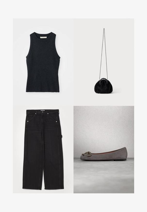 Ärmelloses, dunkelgraues Strick-Tanktop mit Rundhalsausschnitt, auf weißem Hintergrund flach ausgelegt.; RE/DONE PAINTER JEAN - Jeans Relaxed Fit - crafted black; Graue Ballerinas aus Wildleder mit abgerundetem Zehenbereich, einem geknoteten Seil-Detail und einem dezenten Kontrastbesatz am Rand. Flache, flexible Sohle.; Kleine schwarze Handtasche aus Kunstfell mit geflochtenen oberen Griffen und langem dünnem Schulterriemen auf einfarbigem Hintergrund.