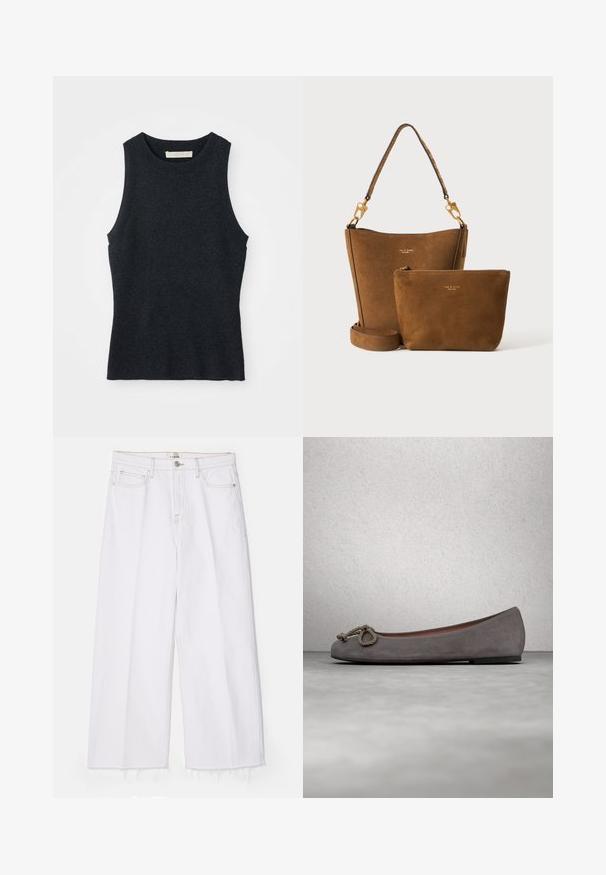 Ärmelloses, dunkelgraues Strick-Tanktop mit Rundhalsausschnitt, auf weißem Hintergrund flach ausgelegt.; FRAME LE JANE WIDE CROP RAW FRAY - Jeans Relaxed Fit - au natural clean; Graue Ballerinas aus Wildleder mit abgerundetem Zehenbereich, einem geknoteten Seil-Detail und einem dezenten Kontrastbesatz am Rand. Flache, flexible Sohle.; Braune Wildleder-Beuteltasche mit abnehmbarem Riemen und passender kleiner Reißverschlusstasche, beide mit goldfarbenen Beschlägen und dezentem Markenlogo.