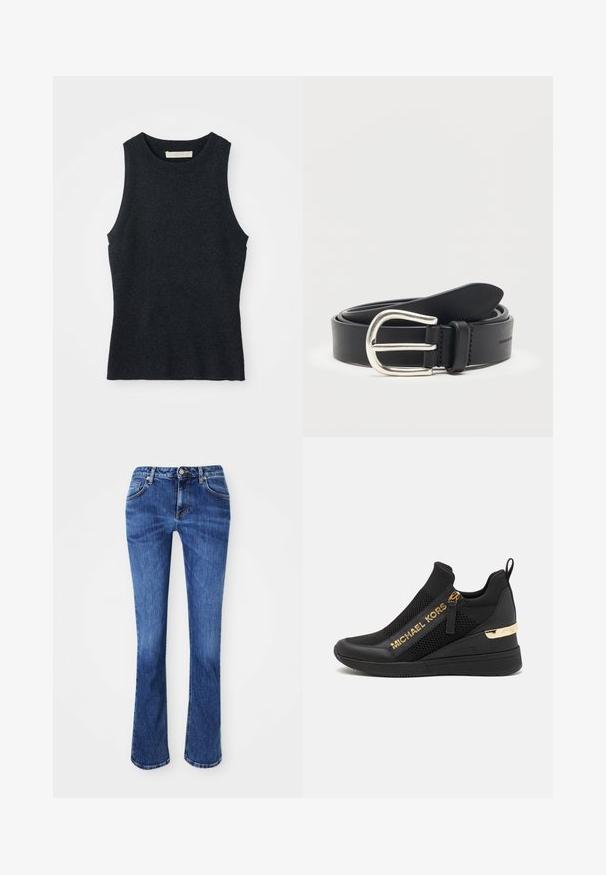 Udenærmet, mørkegrå strikket tanktop med rund hals, lagt fladt på hvid baggrund.; Blå denimjeans med lige snit, fem-lomme design, messingknaplukning og subtil slid, der tilføjer tekstur.; Sorte atletiske sneakers med mesh-paneler, gulllogo-detaljer, slip-on design og en kilehæl for ekstra højde. Gummisål.; Sort læderbælte rullet med en sølv metal rundet spænde på en ens hvid baggrund.