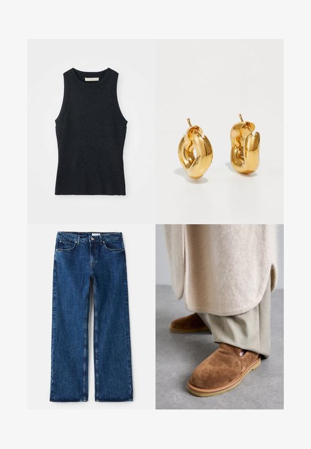 Udenærmet, mørkegrå strikket tanktop med rund hals, lagt fladt på hvid baggrund.; Bredde ben jeans i mørkeblåt denim med en tekstureret overflade, der har fem lommer, metal nitter og en knaplukning.; Brune ruskinds slip-on sko med rund tå, gummisul, og detaljer med udskæring i siden, parret med lyse beige skræddersyede bukser.; Chunky guld hoop øreringe med et let snoet, rørformet design og postsystem bagpå, på en hvid baggrund.